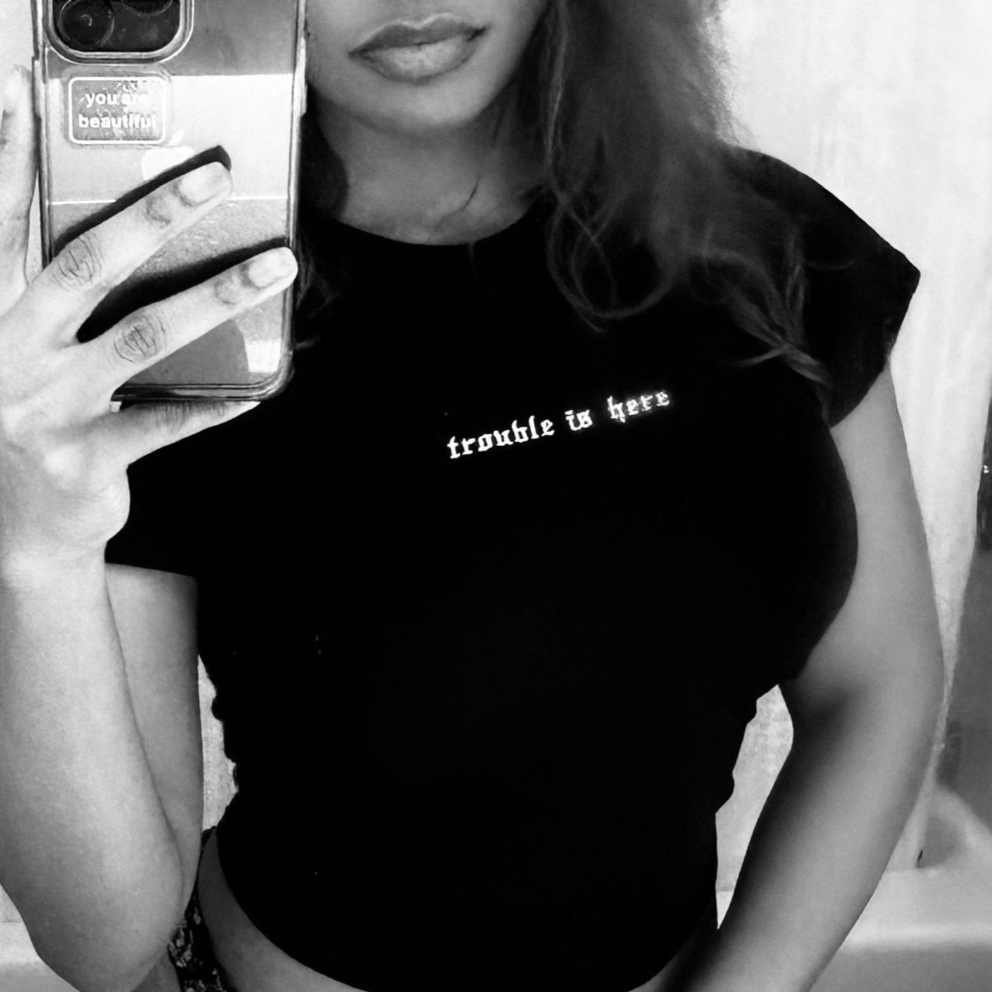 Women’s Trouble is Here Baby Doll Tee - 100% cotton and high-waisted fit - Outlaw Collection