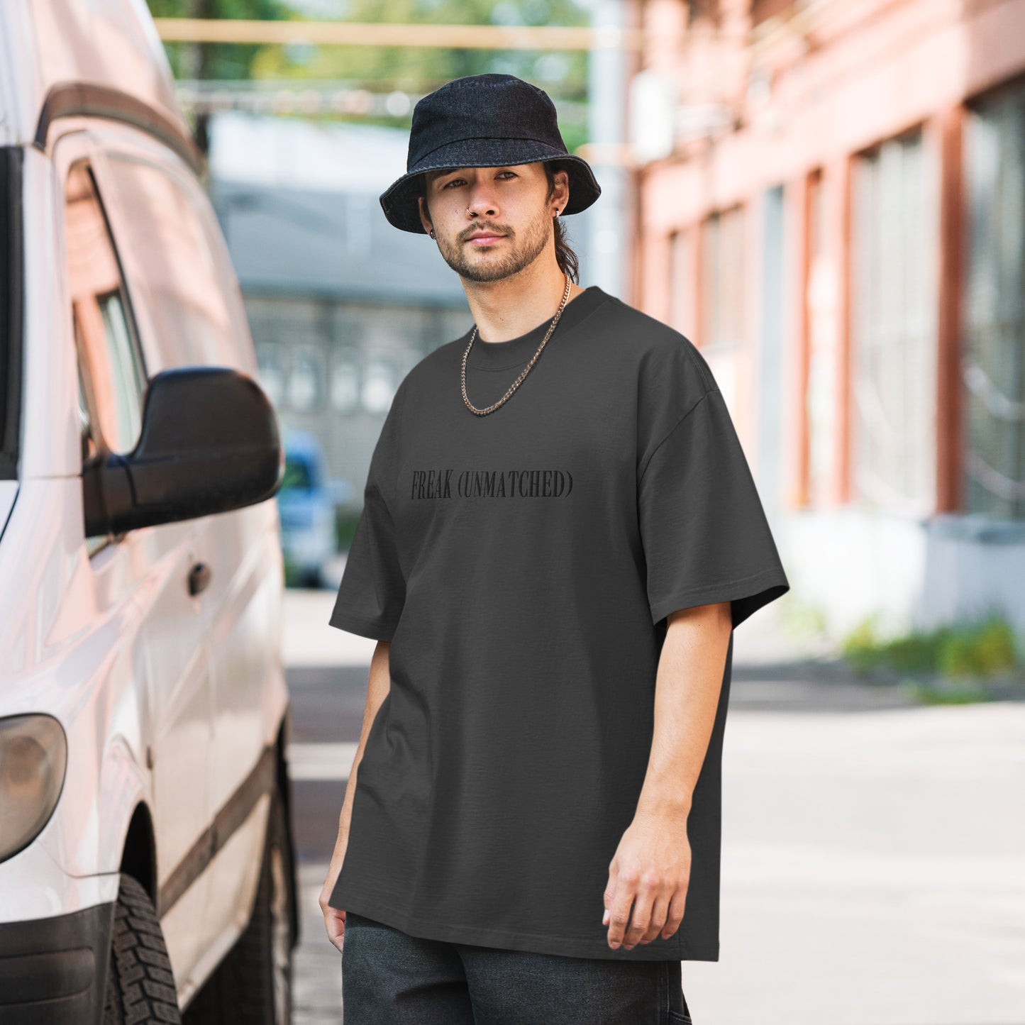 Oversized unisex faded t-shirt - Monochromatic Embroidered Design - FREAK (UNMATCHED)
